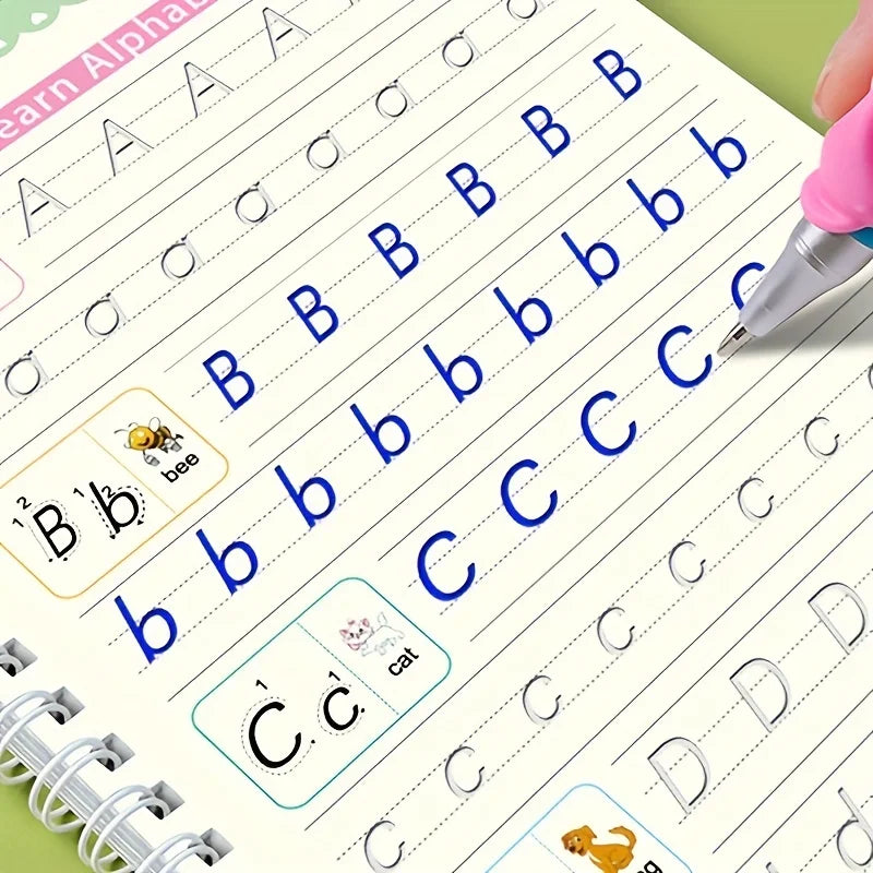 Página de un cuaderno reutilizable de caligrafía mágica mostrando diversas formaciones y ejercicios de trazado de letras.