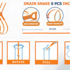 Set of six drain snakes for cleaning and unclogging, showing various usage methods like insert, rotate, pull, and rinse.