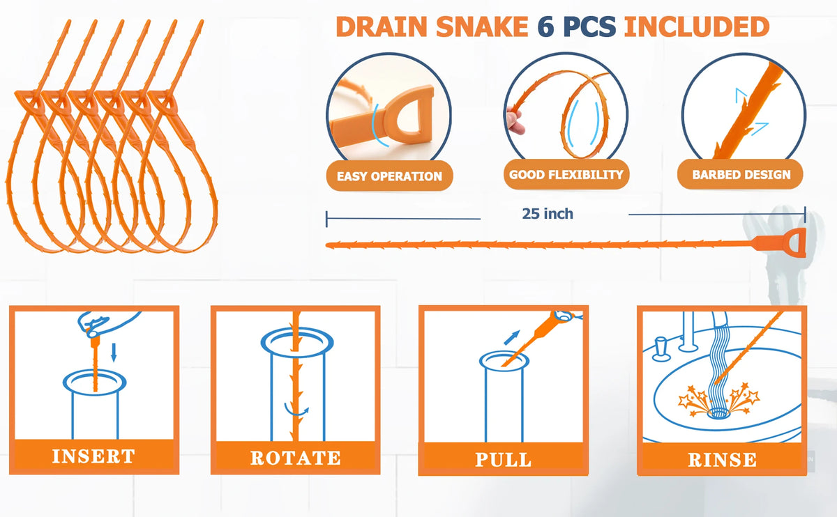 Set of six drain snakes for cleaning and unclogging, showing various usage methods like insert, rotate, pull, and rinse.