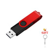 A red portable USB 2.0 flash drive with a black casing and a metal keyring.