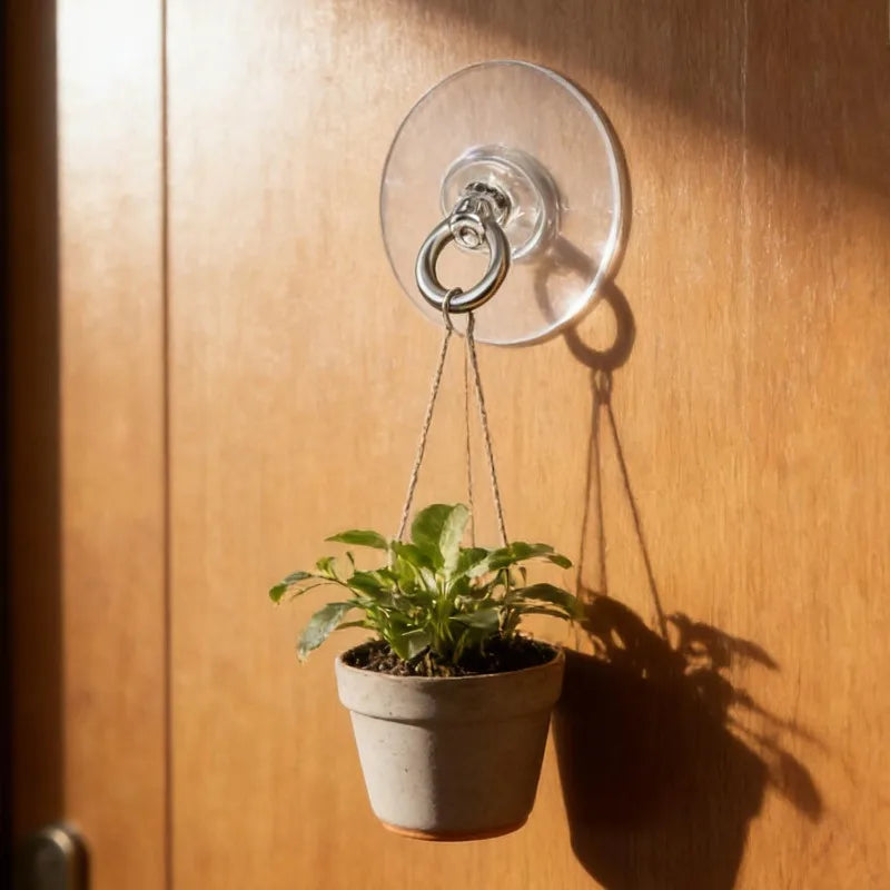 A small potted plant hangs from a round, clear stainless steel hook mounted on a wooden door.