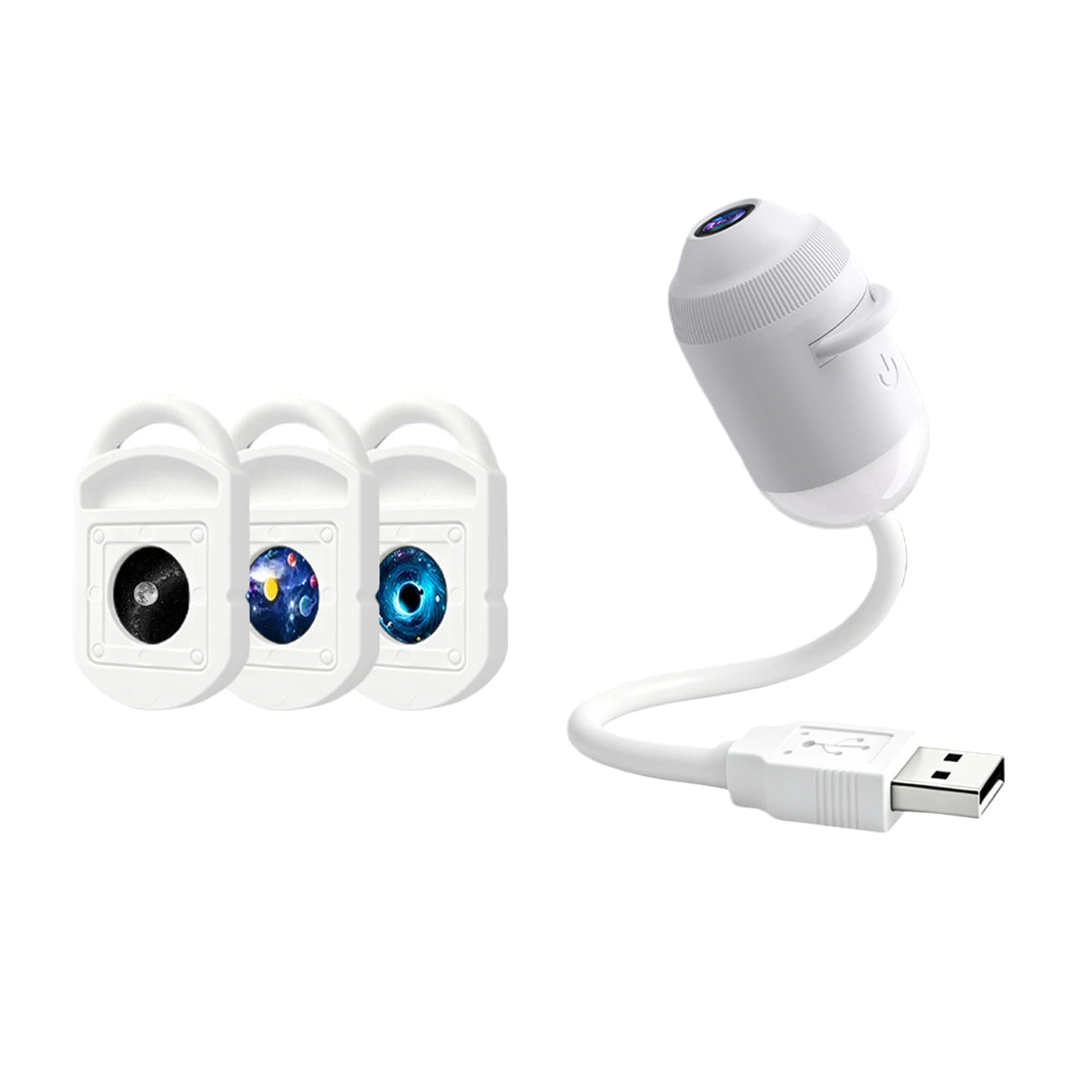 A white 2-in-1 mini projector night light with three lenses and a cord.