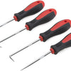A set of four red and black automotive pick and hook tools for seal and O-ring removal.
