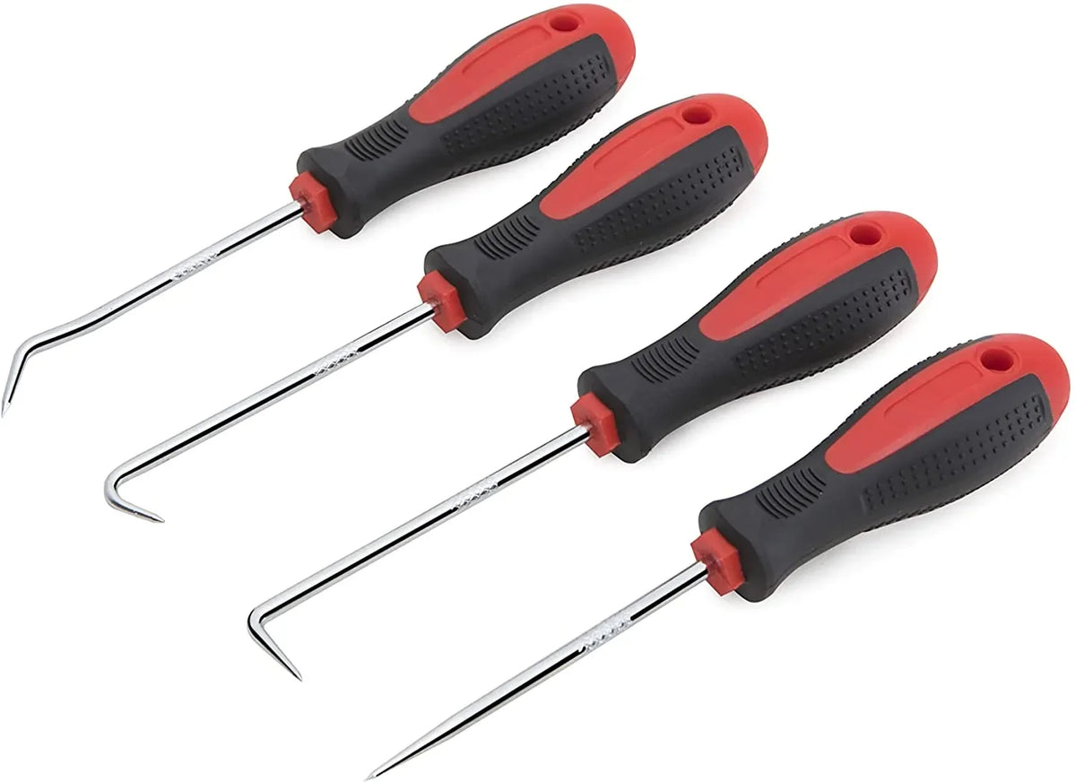 A set of four red and black automotive pick and hook tools for seal and O-ring removal.