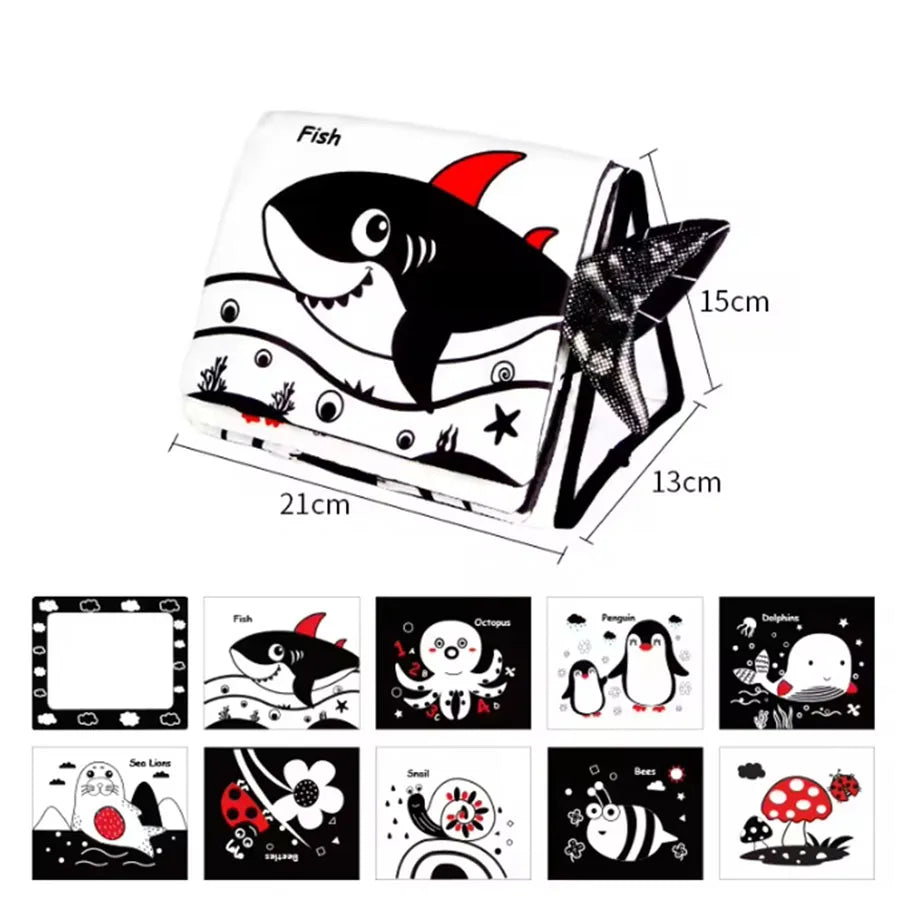 A set of high-contrast crinkle cloth books featuring various sea animals like fish, octopus, penguin, and bees.
