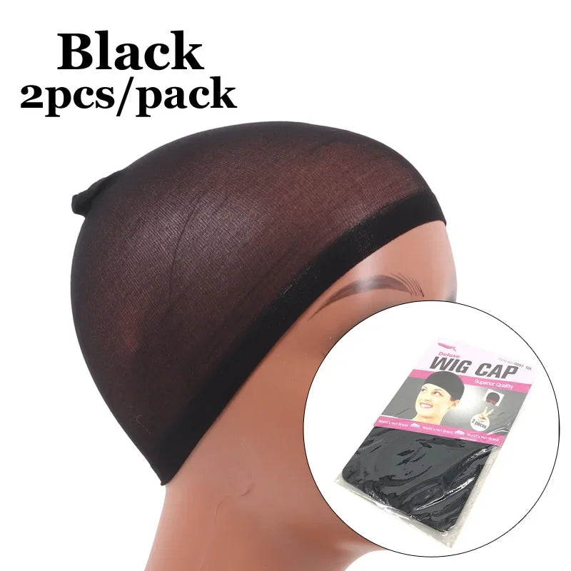Black breathable wig caps with elastic edges sold in a pack of two