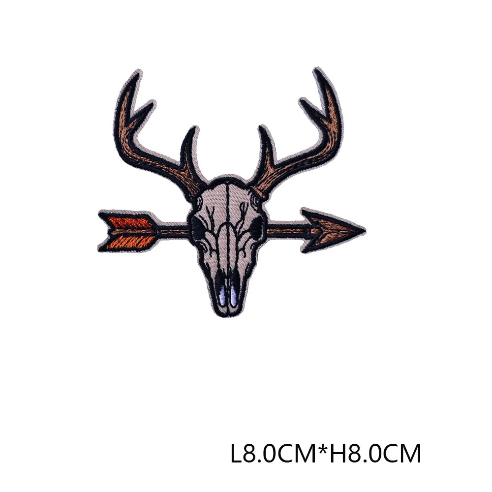 3D embroidered hunting patch featuring a deer skull and antlers, designed as an iron-on badge.