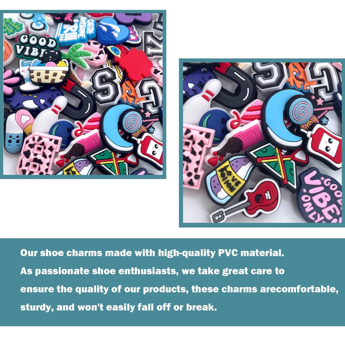 A collection of colorful PVC shoe charms for sandals and beach bags featuring various shapes and designs.