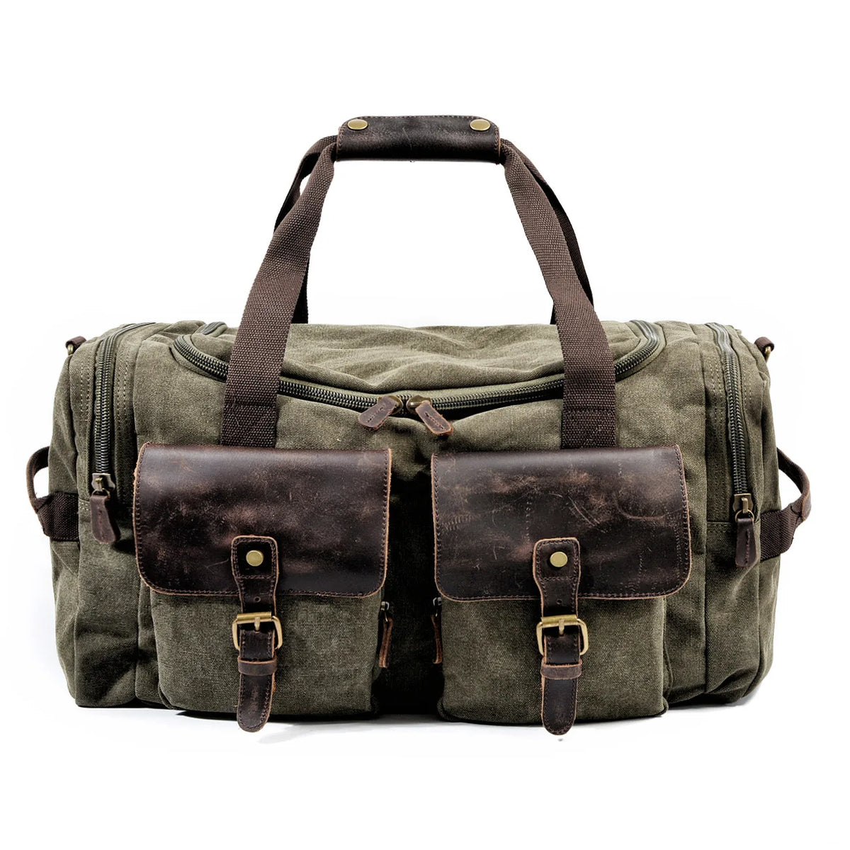 A dark olive green canvas duffel bag with brown leather pockets and straps.