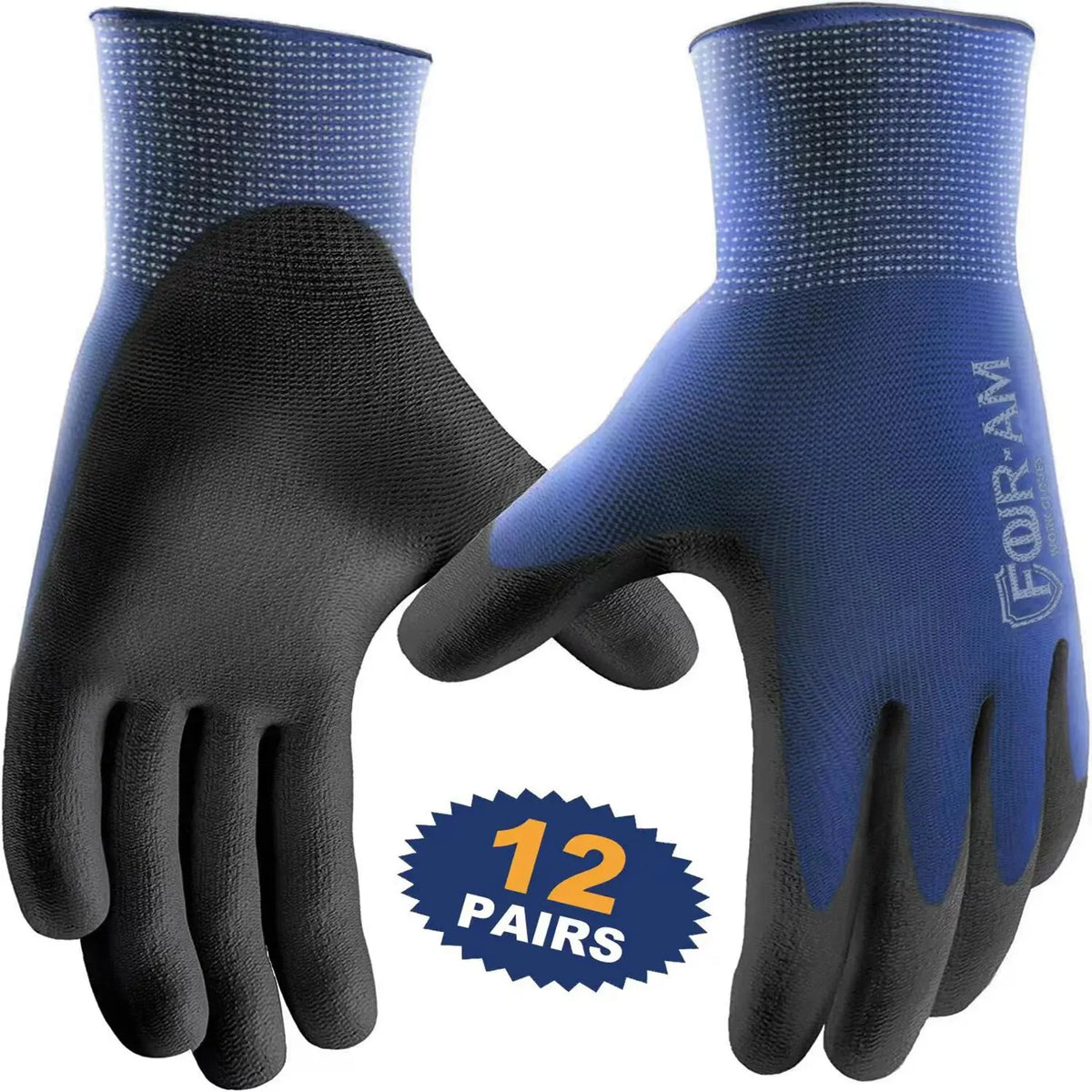 A pair of dark blue and black ultra-thin PU coated work gloves shown from the palm side.