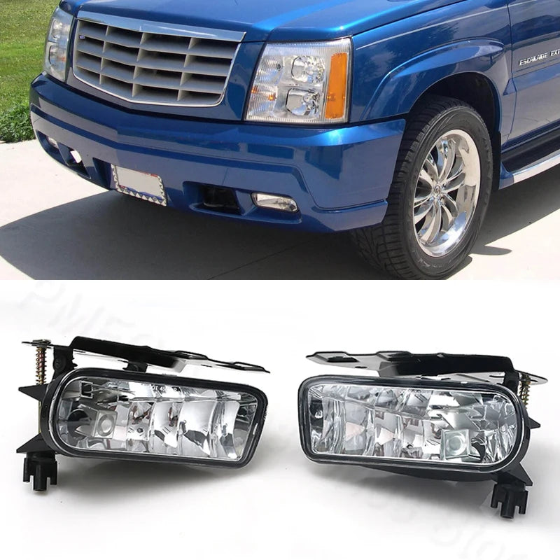 A close-up view of a black front fog light assembly with clear bulbs for a Cadillac Escalade.
