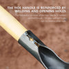Close-up view of a stainless steel garden hoe handle showing welding and reinforced areas.