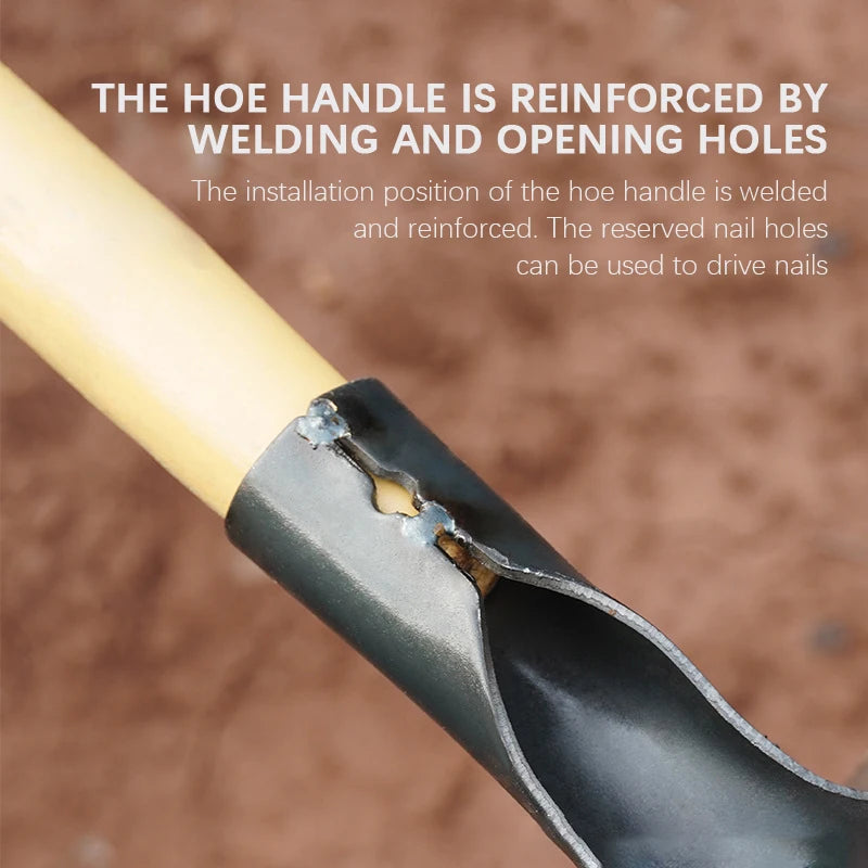 Close-up view of a stainless steel garden hoe handle showing welding and reinforced areas.