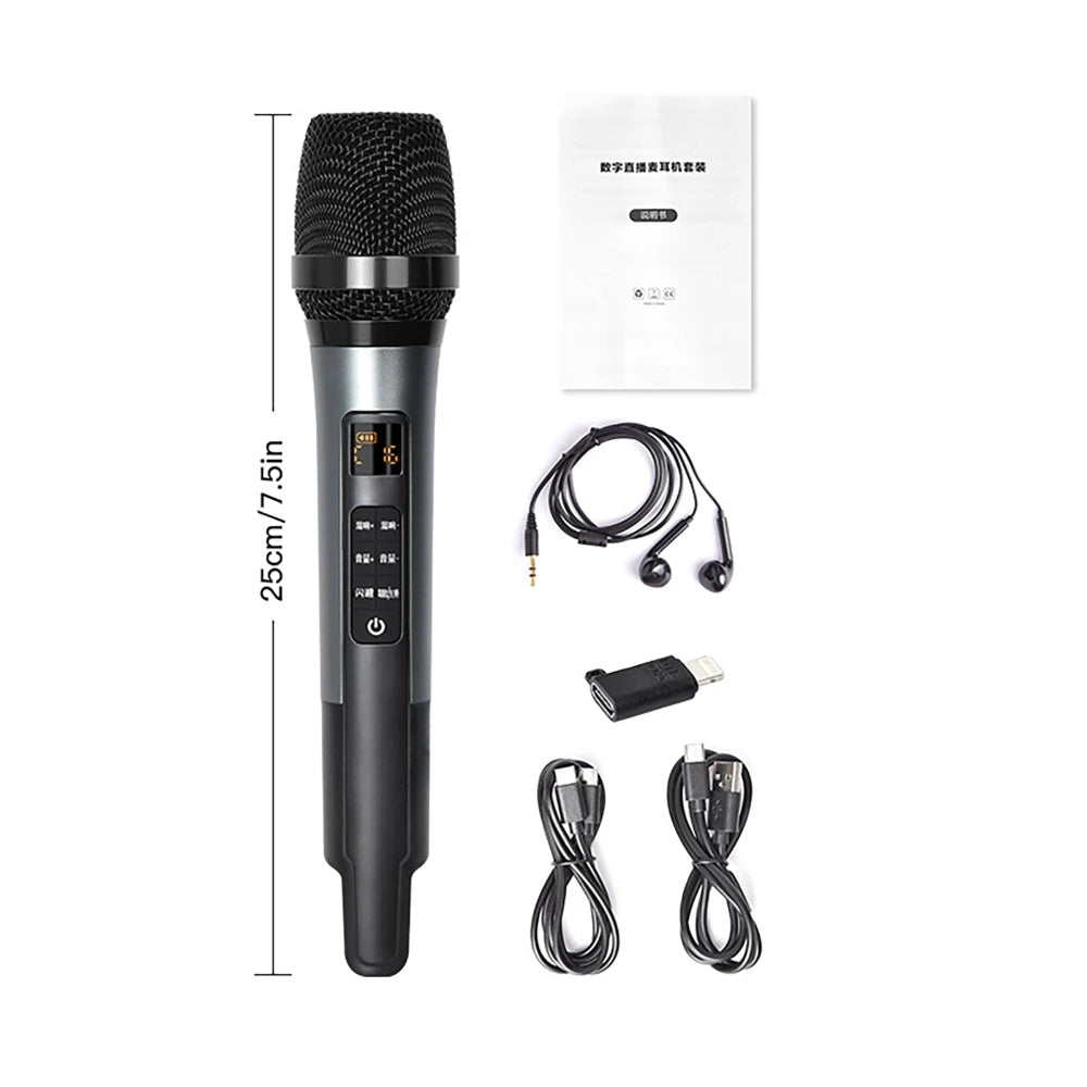 Microphone sans fil noir à main, avec grille en mousse et câbles variés, à vendre.