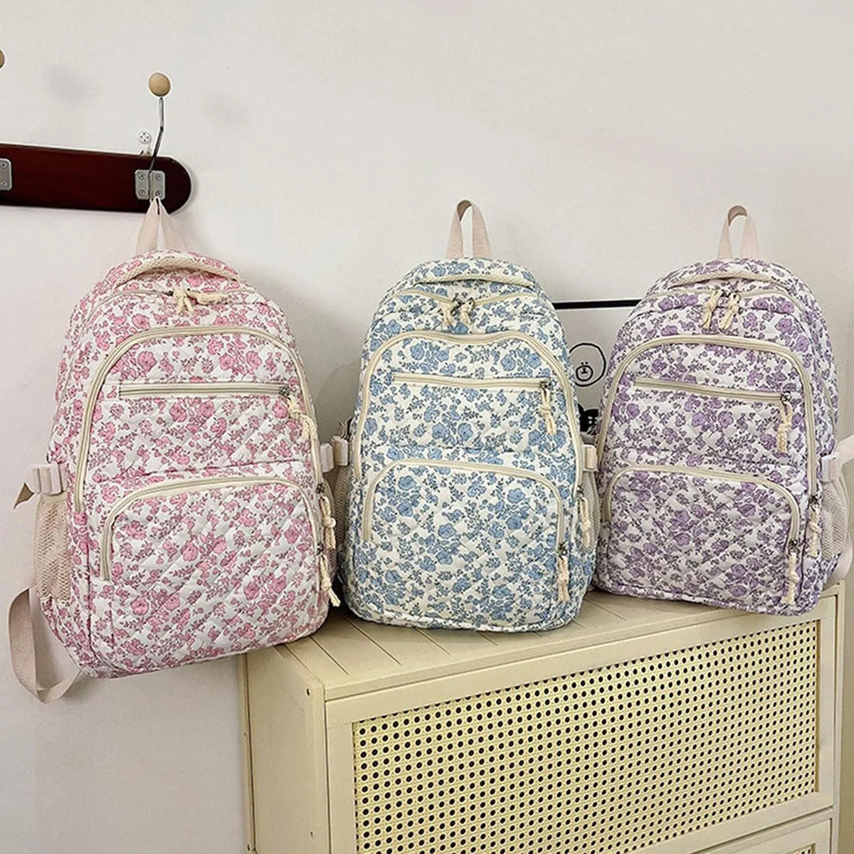 Floral Quilted Backpack Set with Crossbody Bag