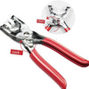 A pair of red and silver pliers used to open and lock fasteners, shown with an inset diagram.
