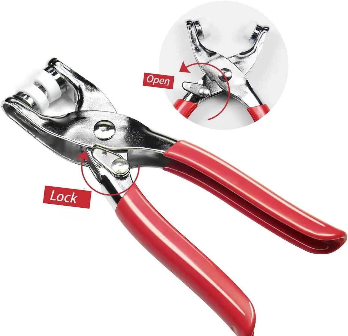A pair of red and silver pliers used to open and lock fasteners, shown with an inset diagram.