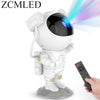 A white astronaut figure projector emitting a blue light, shown with its remote control.