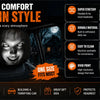A set of two ghost face headrest covers displayed in a car interior setting with feature callouts.