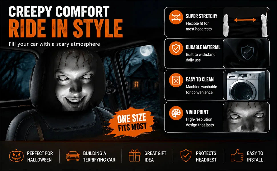 A set of two ghost face headrest covers displayed in a car interior setting with feature callouts.