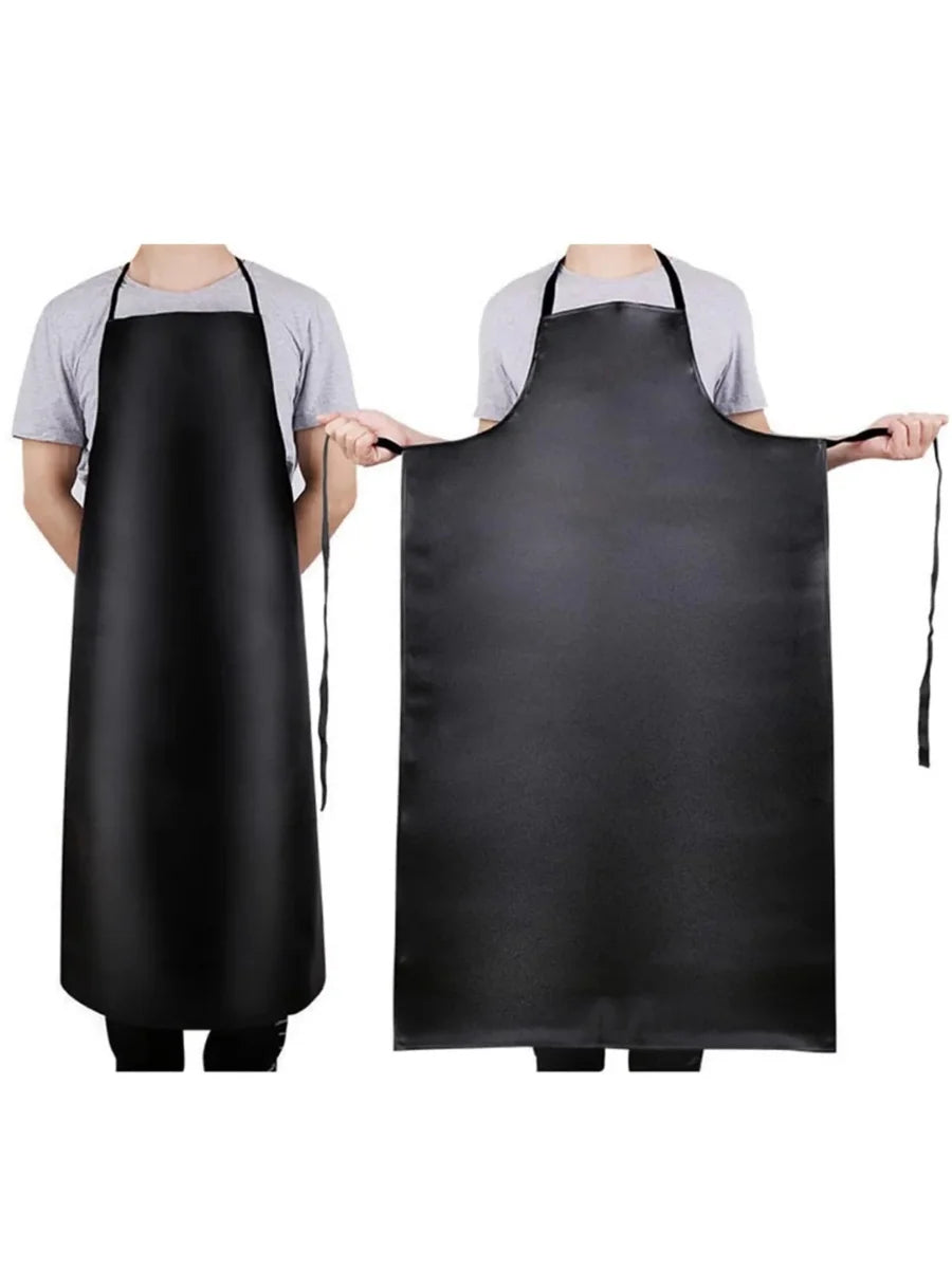 A black PU leather waterproof apron shown being worn by a person.