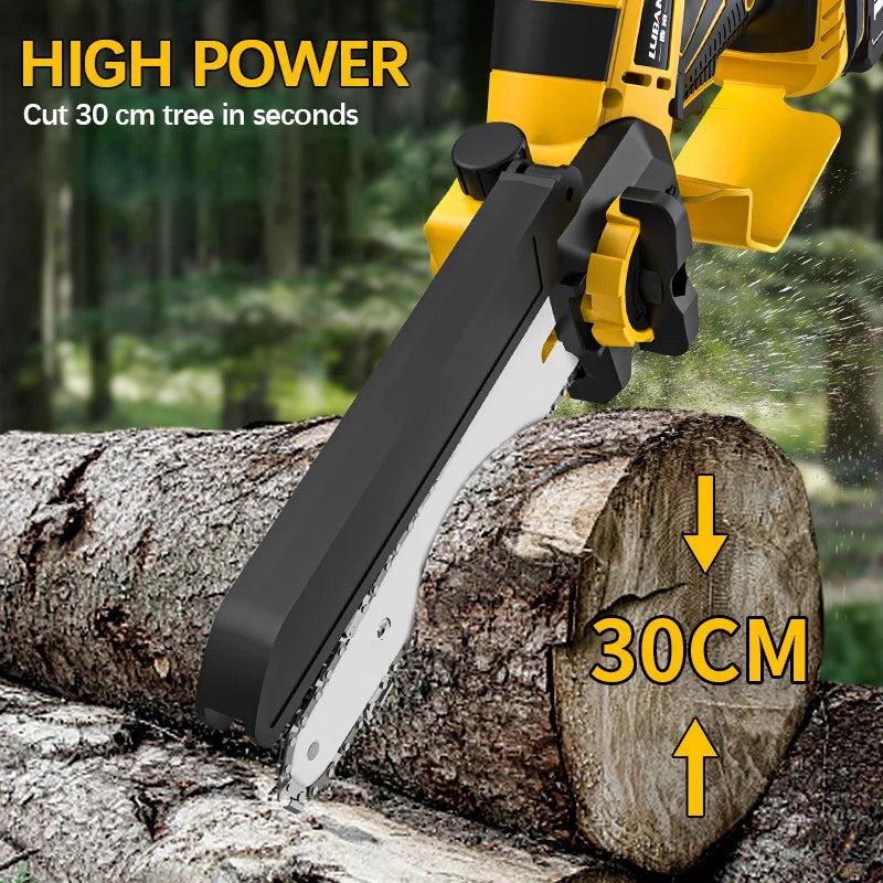 A yellow and black cordless chainsaw is cutting a 30 cm tree branch from a log.
