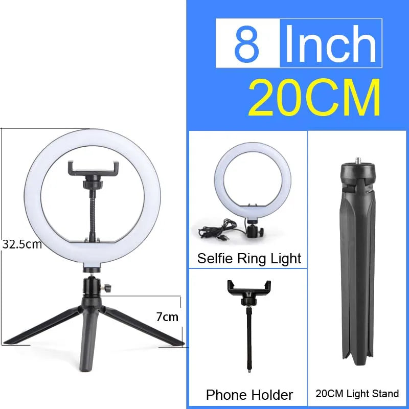 Adjustable ring light with tripod and phone holder for streaming and video calls