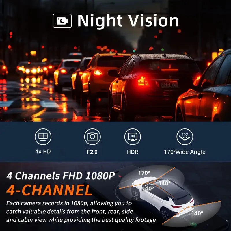 A 4-channel car dash cam with night vision features multiple lenses for recording details from the front, rear, and side.