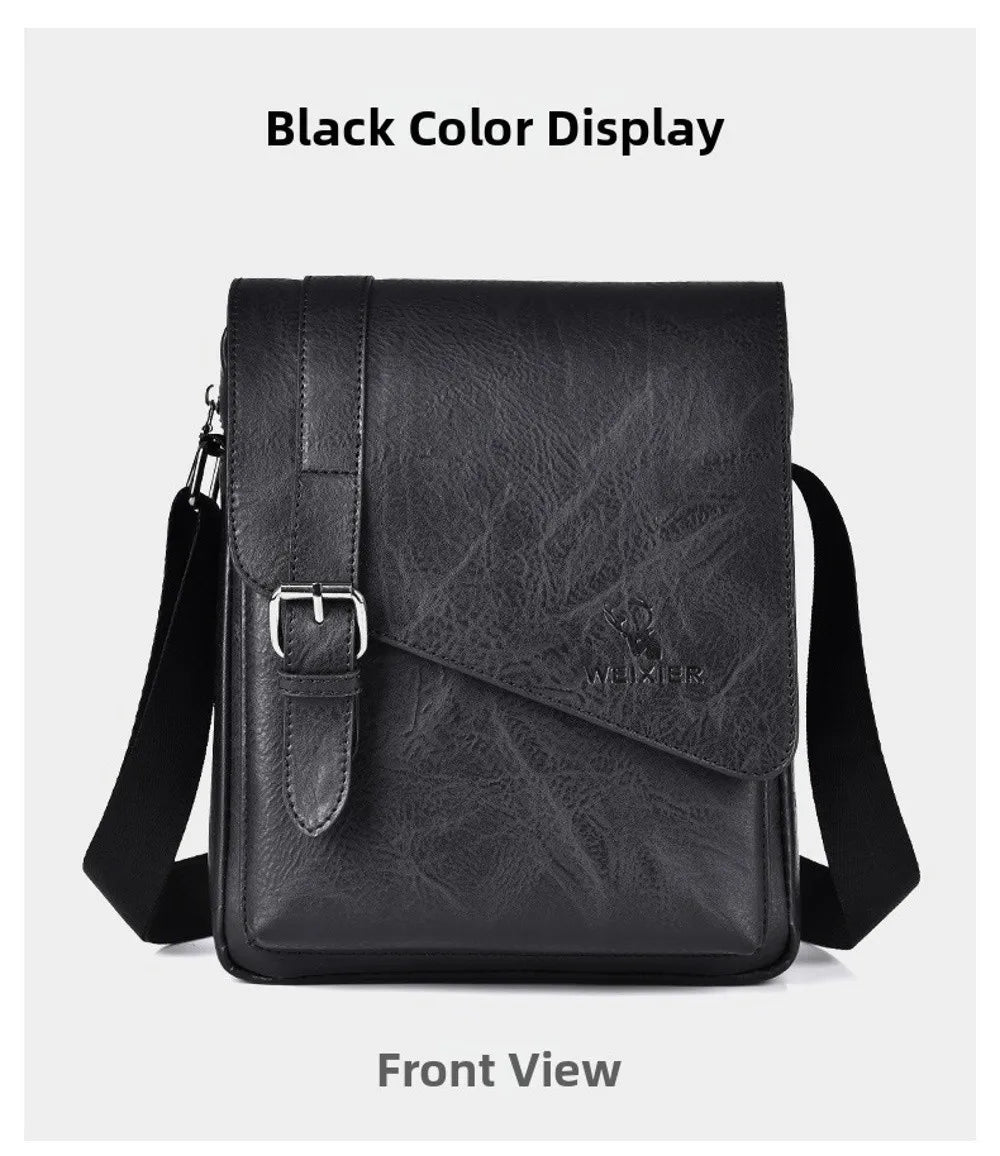 Black color display of a vintage PU leather messenger bag for men with an adjustable strap shown from the front view.