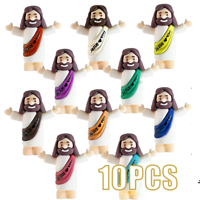 A set of ten mini Jesus figurines dressed in white robes with crosses for Easter and religious celebrations