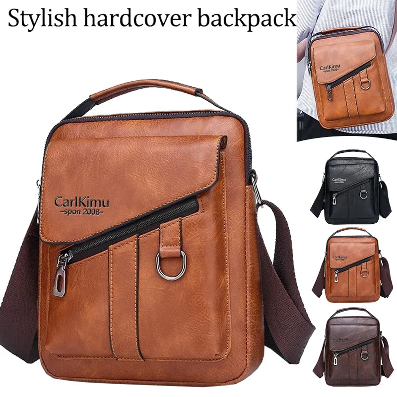 Sac à dos en cuir marron avec fermeture éclair et sangle noire, montré sous différents angles.