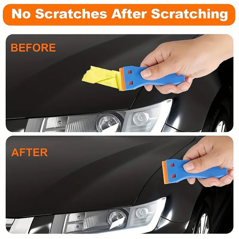 Comparison showing a plastic scraper before and after scratching a car surface