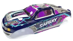 A purple and silver high-speed RC car receiver parts kit with detailed body graphics.