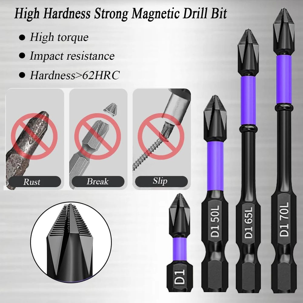 A set of high hardness magnetic drill bits in various sizes D1 50L, D1 65L, and D1 70L.