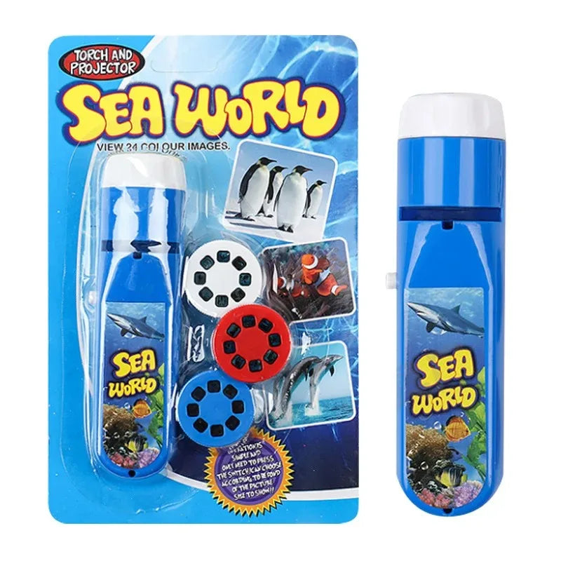 A blue projector flashlight set featuring Sea World images and educational themes.