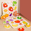 A wooden 3D jigsaw puzzle featuring various fruits and vegetables like corn, tomato, apple, and pumpkin.