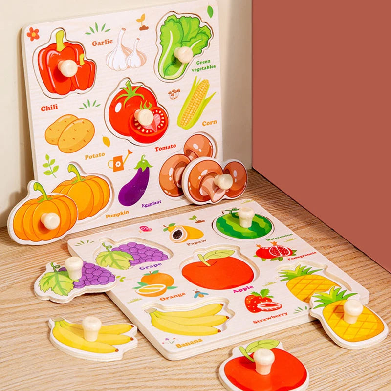 A wooden 3D jigsaw puzzle featuring various fruits and vegetables like corn, tomato, apple, and pumpkin.