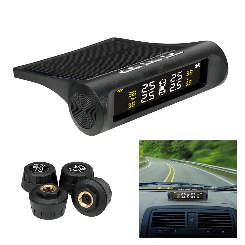 Black solar wireless tire pressure monitoring system with four sensors and a mounting bracket.