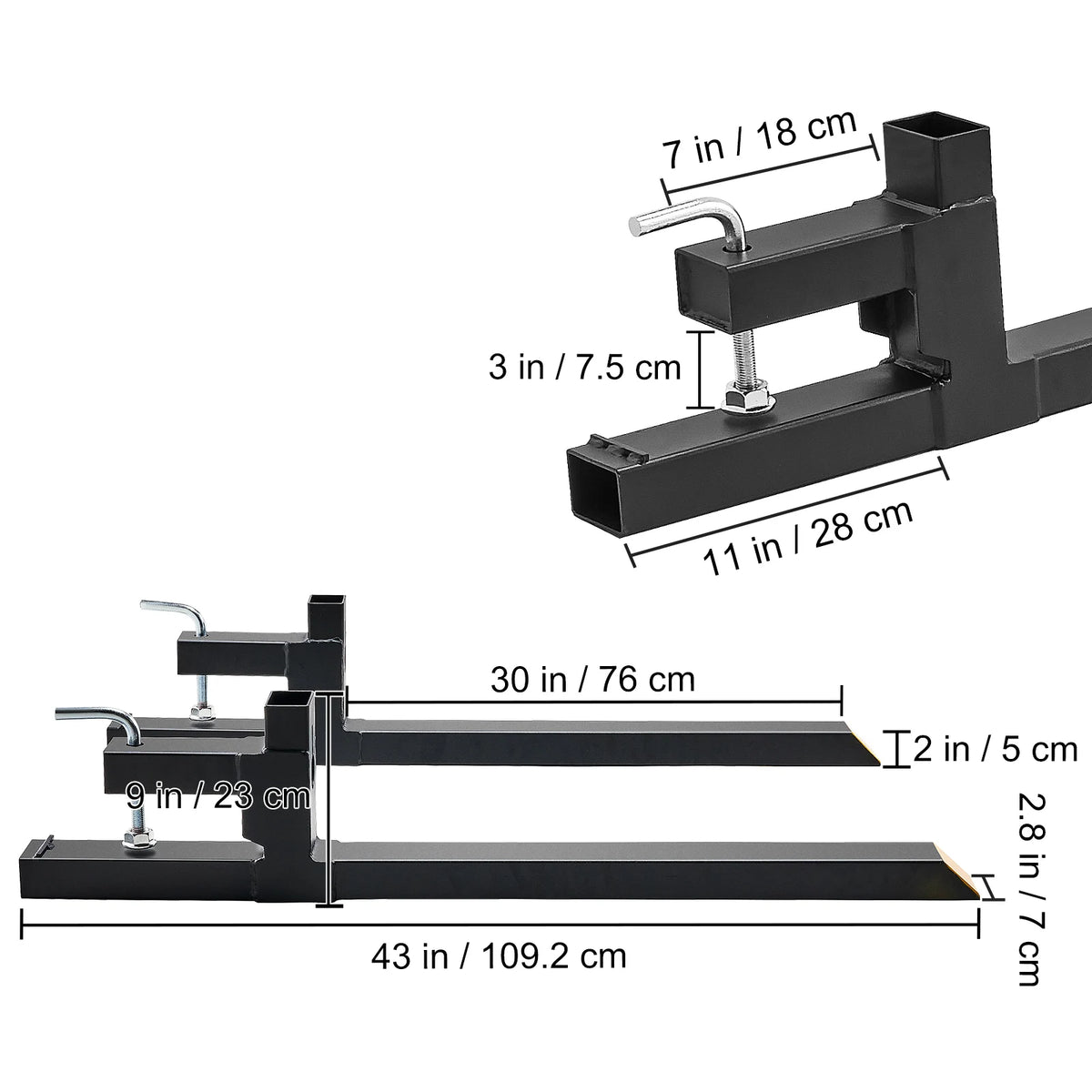 Black heavy duty clamp-on pallet forks measuring 43 inches long with various dimensions shown.