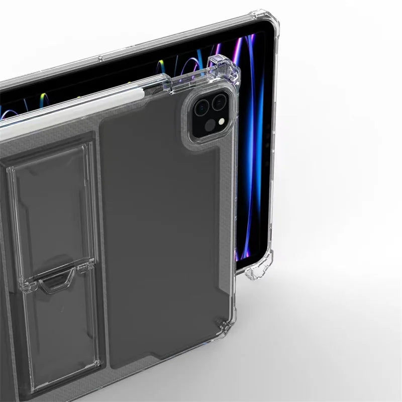 A clear protective case for an iPad, showing the back and side view of the device.