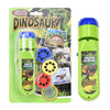 A green flashlight and projector set featuring dinosaur images on the packaging.
