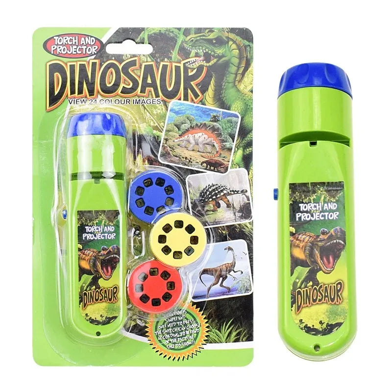 A green flashlight and projector set featuring dinosaur images on the packaging.