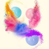 A vibrant explosion of colorful powder and light blue and pink balloons against a white background.