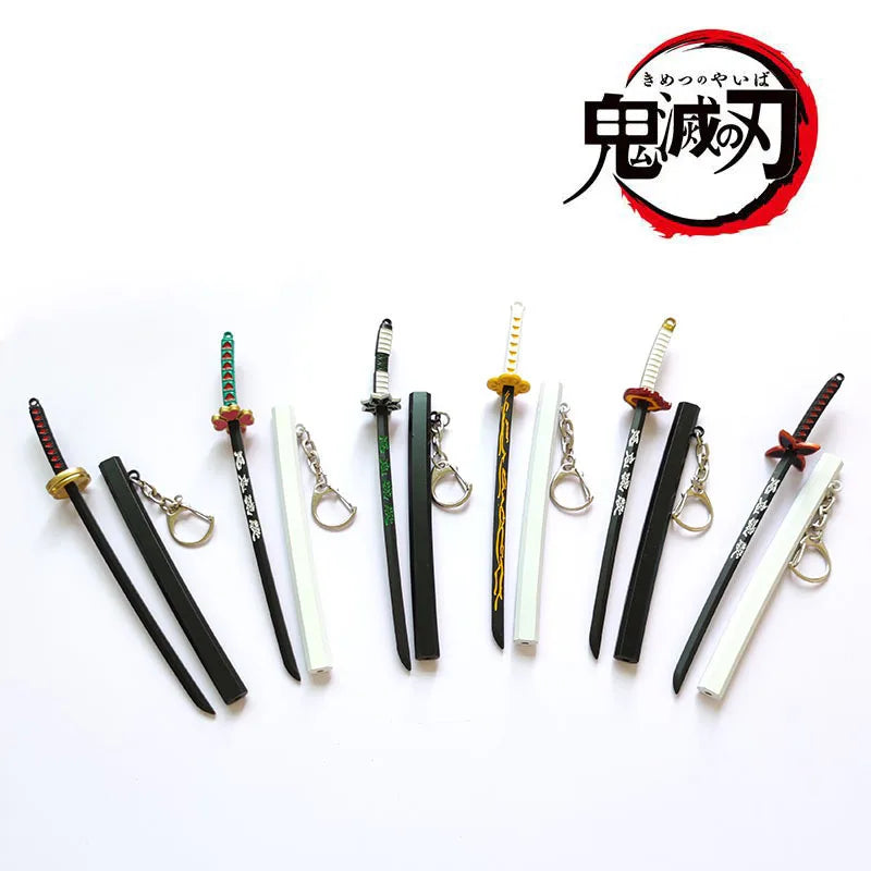 A collection of miniature replica swords inspired by Tanjiro from Demon Slayer, featuring various metal and wooden blades.