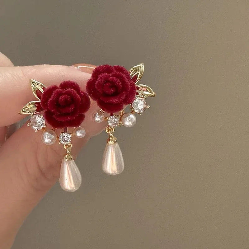 Vintage Velvet Rose Pearl Earrings for Women