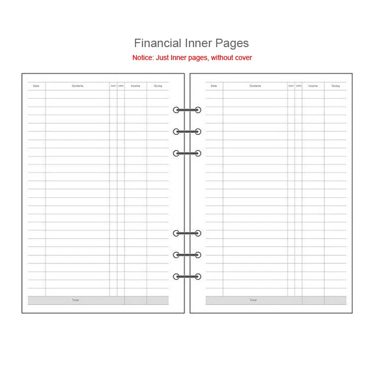 Spread of financial inner pages from a notebook with ruled lines for recording income and expenses