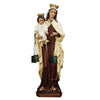 Statue of the Virgin Mary holding a baby, with three green scapular necklaces visible.