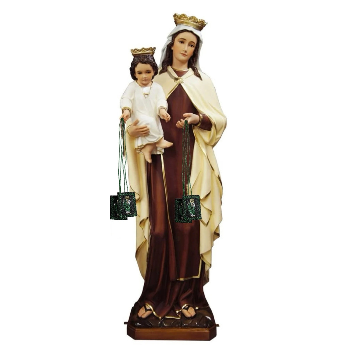 Statue of the Virgin Mary holding a baby, with three green scapular necklaces visible.