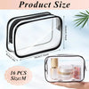 Clear PVC travel makeup and toiletry organizer bag with a zipper shown in various sizes.