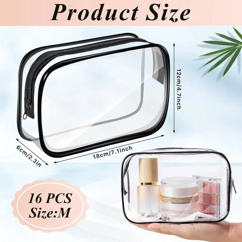 Clear PVC travel makeup and toiletry organizer bag with a zipper shown in various sizes.